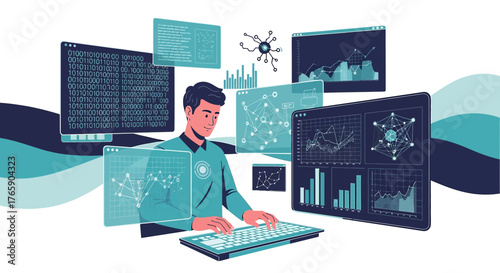 Data scientist analyzing complex dashboards and programming interfaces with data streams