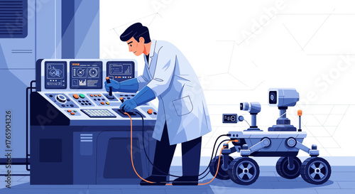 Depicts a scientist remotely operating a planetary exploration rover in a simulated environment