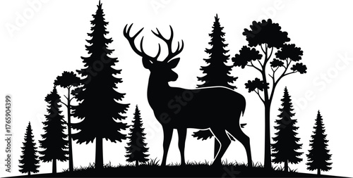 Majestic deer silhouette standing in forest landscape, wild animal with antlers among pine trees, nature wildlife scene, vector illustration art