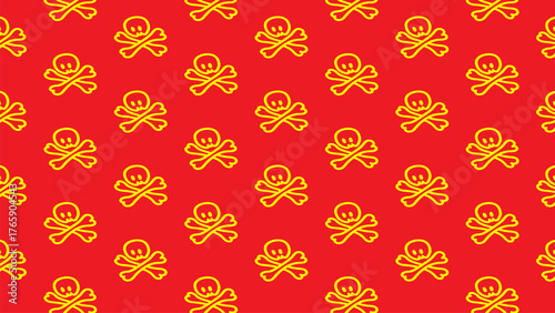 Skull and crossbones repeat pattern on a vibrant red background, perfect for a pirate-themed design or background