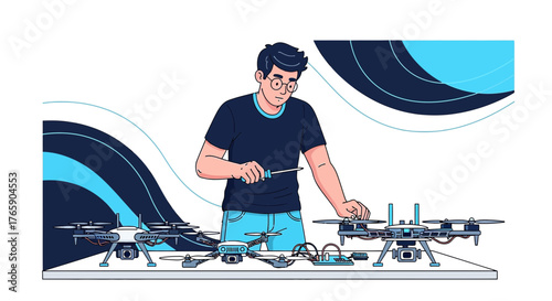 Drone technician meticulously repairs and assembles drones, modern technology development concept