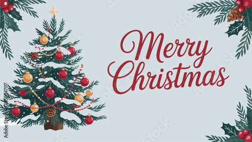 Elegant Christmas tree with red and gold ornaments, festive pine decor, and “Merry Christmas” script on snowy holiday background