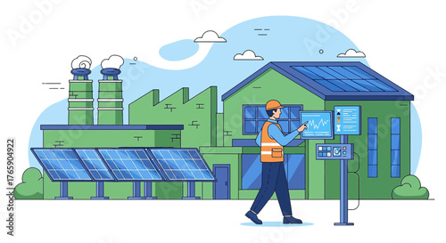 Engineer overseeing solar power plant operation with advanced monitoring systems and solar panel