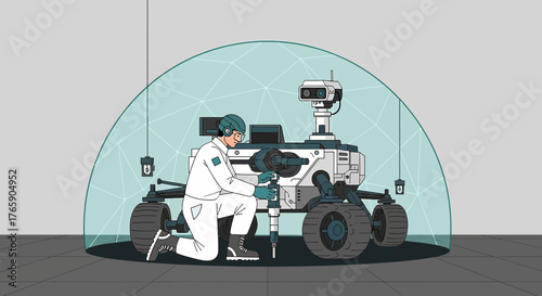 Engineering exploration: A technician working on a planetary rover inside a protective dome