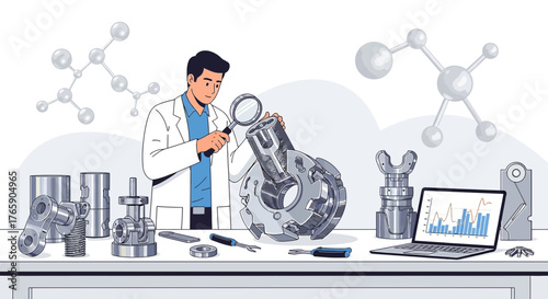 Engineering analysis with digital tools a scientist examines the mechanical parts with magnifying