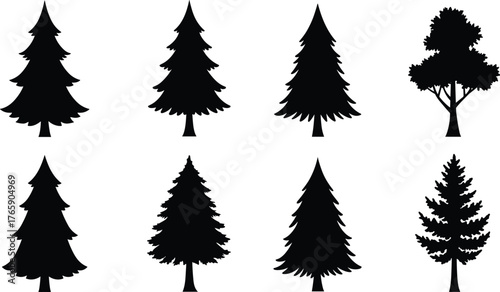 Set of pine and fir tree silhouettes, evergreen forest vector collection for nature design, landscape illustration, and Christmas decoration