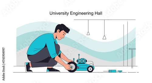 Engineering student builds and adjusts a robot in the university laboratory during workshop session