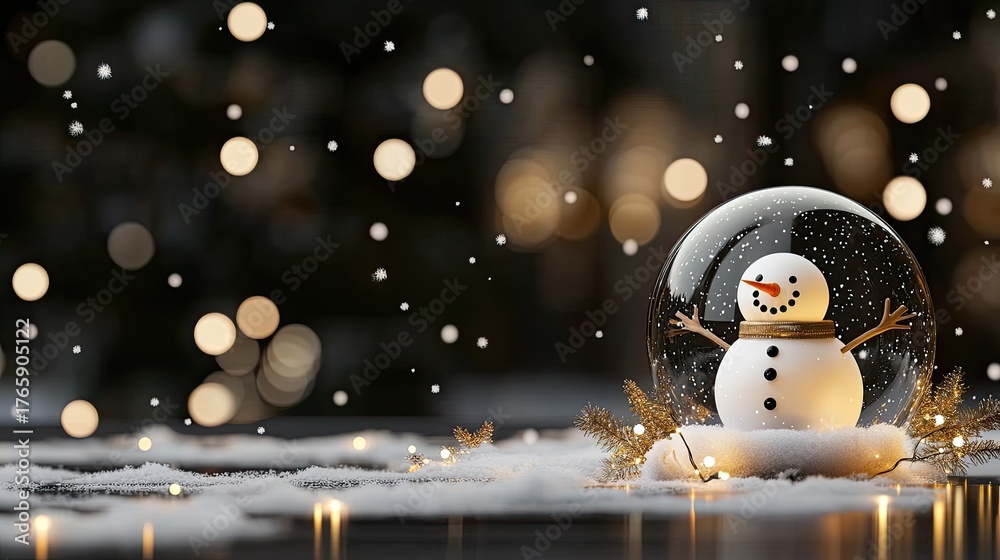 Obraz premium Snowflakes gently fall around a snowman in a glass globe, illuminated by soft bokeh lights, ideal for winter holiday greetings