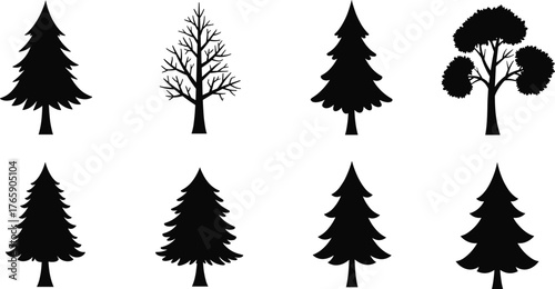 Collection of pine, leafless, and deciduous tree silhouettes, black forest vector icons for nature, landscape, eco, and design illustration