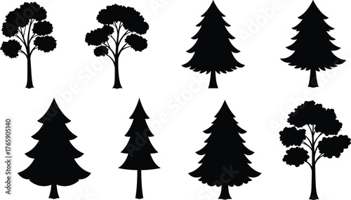 Collection of pine and deciduous tree silhouettes, black vector forest trees for nature, landscape, eco design, and decoration projects