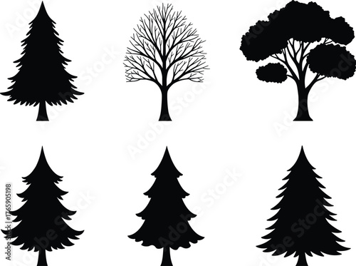 Set of pine and deciduous tree silhouettes, black vector illustration for forest, nature, eco design, landscape, and environment themes