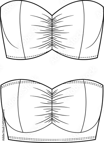 Women’s strapless ruched top technical flat sketch, elegant bustier design template, lingerie fashion outline, vector apparel CAD drawing flat vector illustration
