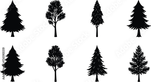 Set of different tree silhouettes, pine and deciduous black vector collection for forest design, landscape, nature, ecology, and Christmas art