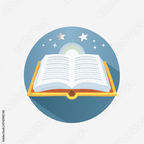 Open Book with Stars and Moon Illustration.