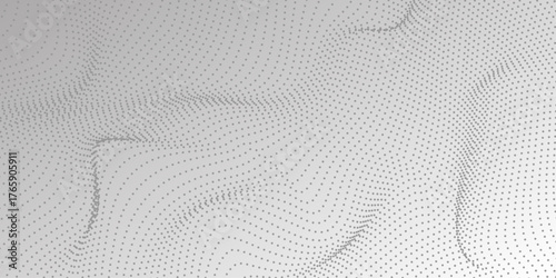 Abstract Waveform Dot Swirls on White. Abstract halftone flowing dots wave curved lines, frequency sound, technology curve dots lines. Dynamic modern wavy pattern design .
