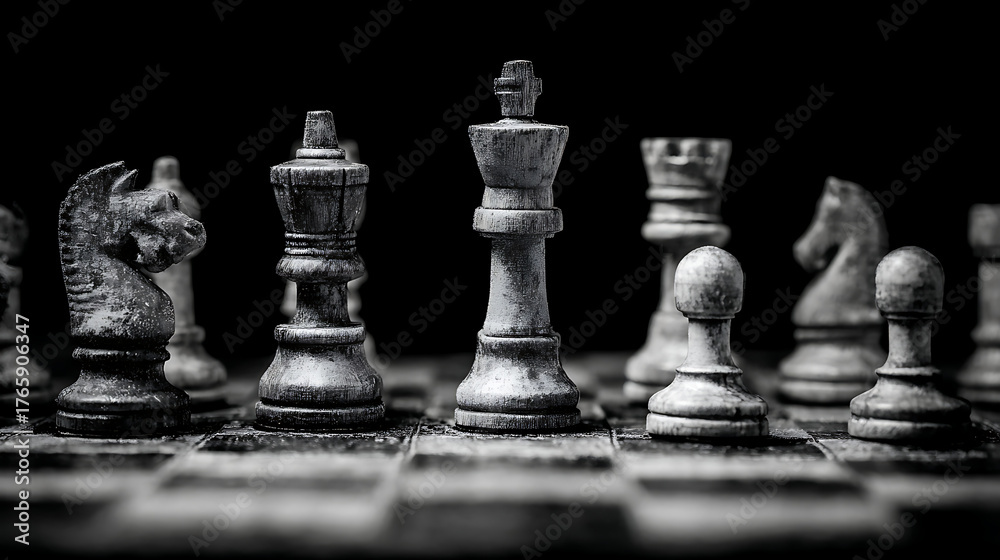 Fototapeta premium Close-up of weathered chess pieces on a dark board, shallow depth of field, monochrome tones. texture