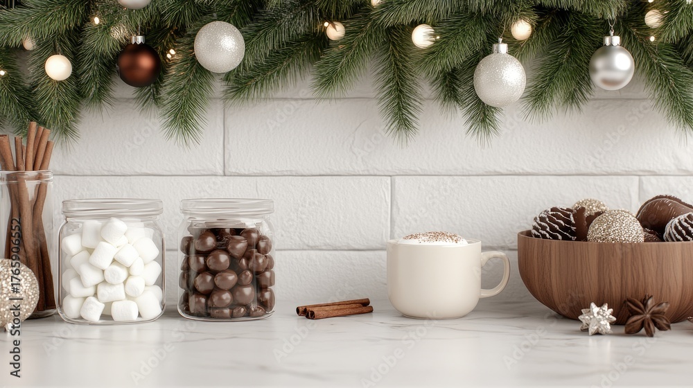 Fototapeta premium The scene captures a cozy arrangement of festive treats, including marshmallows and chocolate balls, alongside a warm cup of cocoa