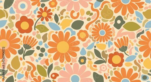 Retro floral pattern with orange, pink, yellow, and green flowers and leaves on a beige background.