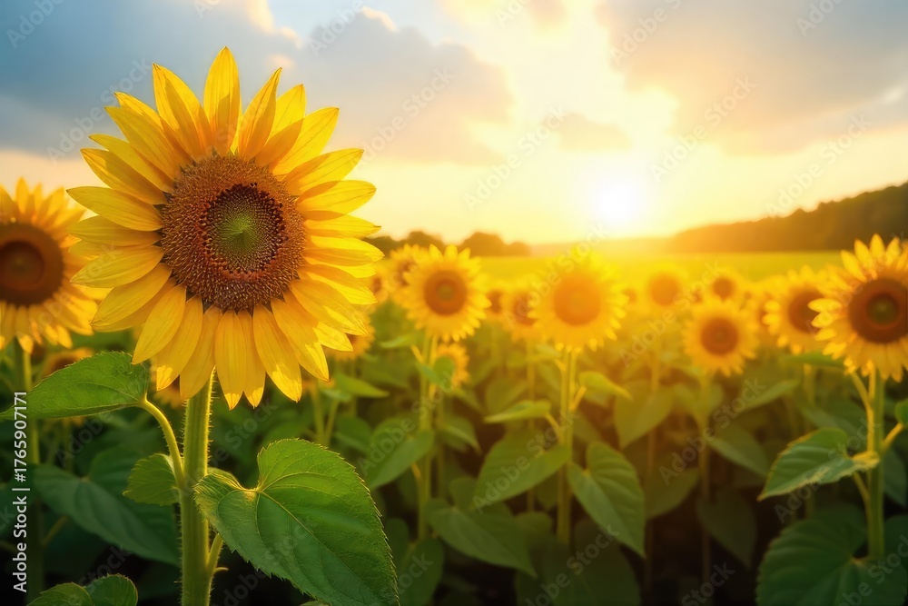 Fototapeta premium A vibrant field of sunflowers basking in the golden sunlight, their faces turned towards the sun, creating a breathtaking display of nature's beauty and the joy of summer , day, natural, landscape