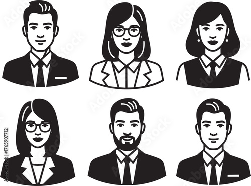 A collection of six black and white business people avatar icons featuring diverse professional men and women in formal attire.