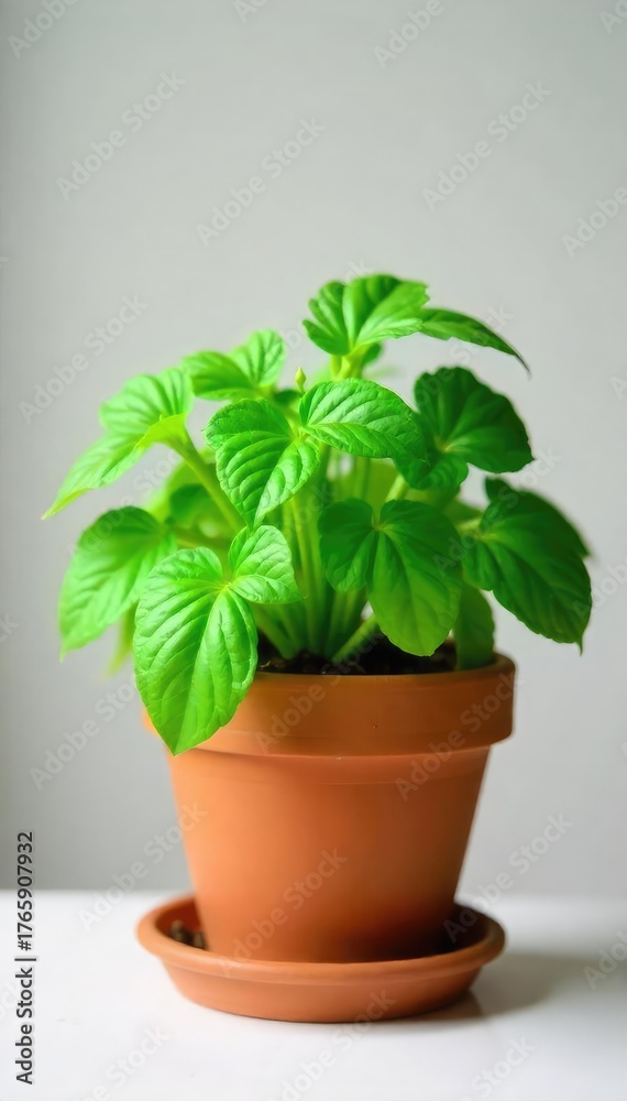 Fototapeta premium A vibrant, healthy potted herb plant, a thoughtful and sustainable living gift idea, thriving in a terracotta pot Perfect for housewarming, birthdays, or any occasion , culinary herb, green plant