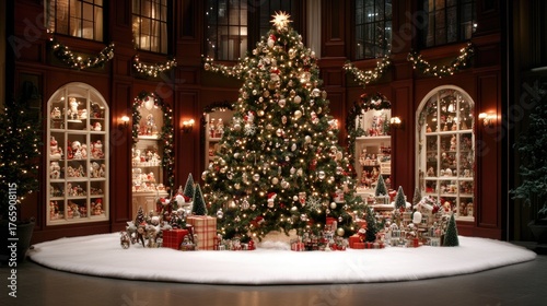 A charming old shop window adorned with Christmas decorations showcases a festive atmosphere and a dazzling tree inside