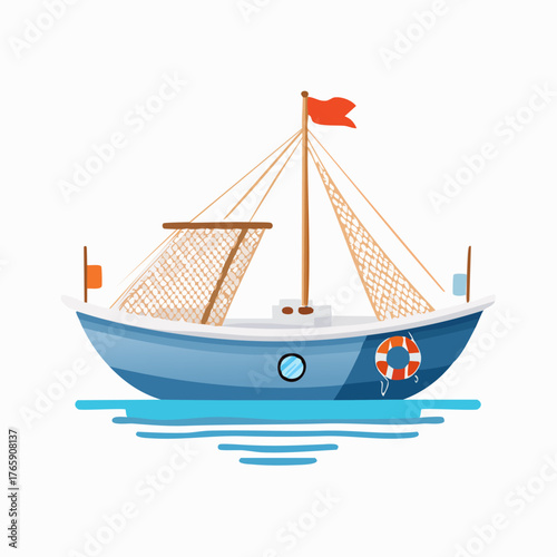 Small blue fishing boat with nets and a red flag illustration.