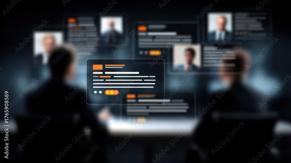 Fototapeta premium Dreamlike Interview setting in a virtual classroom, Assessment feedback visualized as glowing notes on floating glass boards, final result illuminating, AI whispering the right answer through 