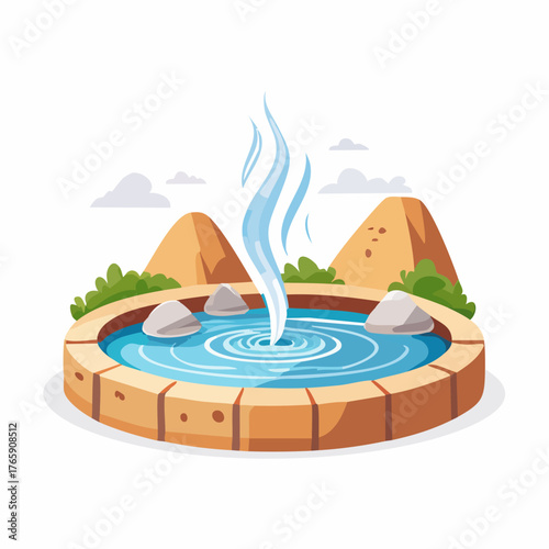 Steaming natural hot spring in a stone basin illustration.