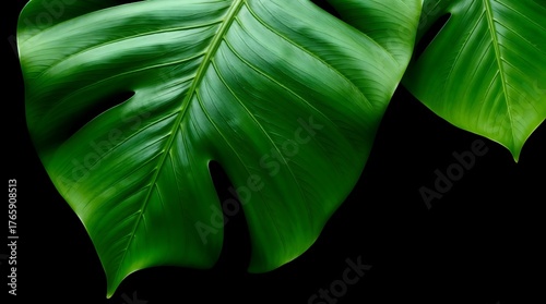 Minimalist botanical image of a monstera leaf on a black background with crisp texture and soft