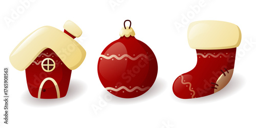Christmas tree toys. Set of vector illustrations. Ball, house, Santa's boot. Isolated objects on a white background.