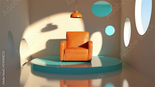 Comfortable orange armchair in modern geometric room with soft lighting and colorful accents