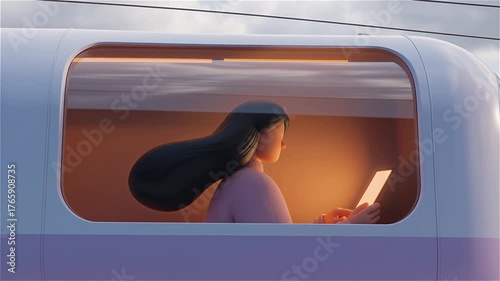 Woman reading on a train during sunset while traveling through scenic landscapes