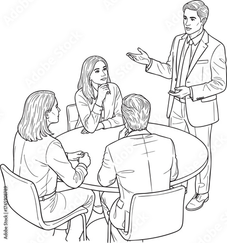 A professional man in a suit presenting to three colleagues seated at a round table in a line art illustration.