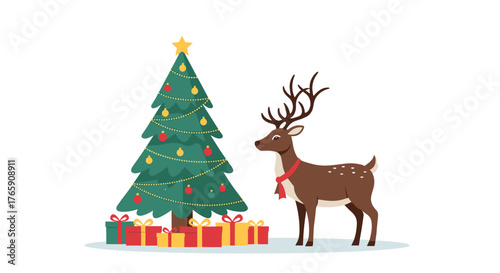 Reindeer by Christmas tree with gifts under decorated fir, wrapped presents add seasonal cheer. Winter scene shows reindeer with scarf ready for christmas time.