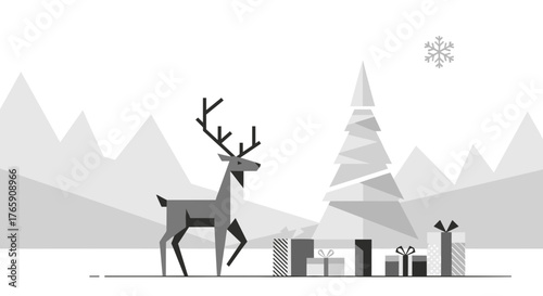 Reindeer in winter scene with Christmas presents creates a festive atmosphere. Reindeer stands out against a backdrop of stylized Christmas trees and snowy hills, evoking winter charm.