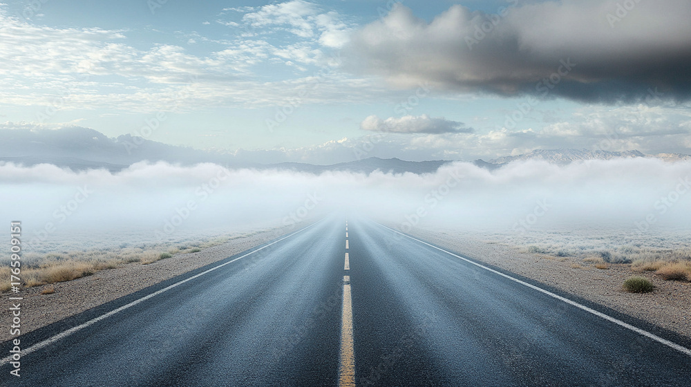 Naklejka premium road disappearing into clouds, symbolizing an unknown journey, mystery, and exploration, evoking introspection, adventure, and the allure of the unseen.