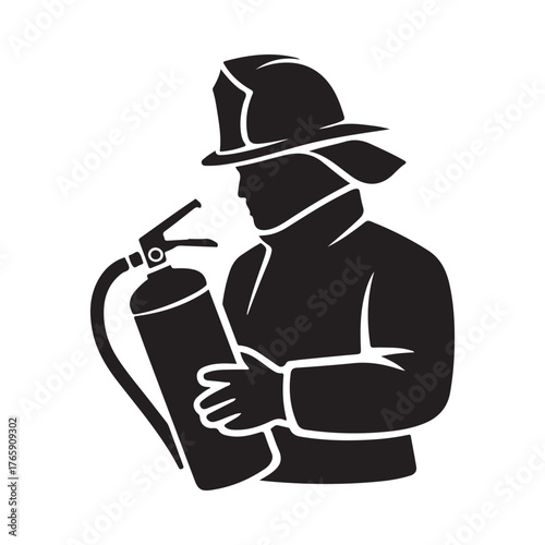 Silhouette of a firefighter holding a fire extinguisher ready for action