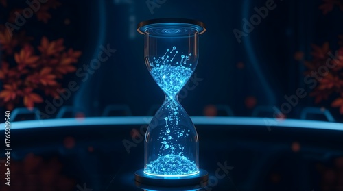Futuristic hourglass filled with glowing digital particles symbolizing innovation and time
