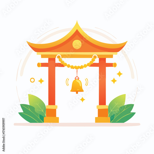 Traditional Japanese Shinto Torii Gate with a Hanging Bell.