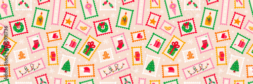 Christmas seamless pattern. Stamp post card, retro style winter holiday postage sticker collection, xmas celebration mail postmark, festive postal label, print for fabric, wrapping paper, textile