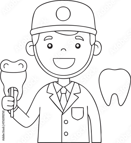 A happy cartoon dentist promotes good dental oral health holding a tooth and brush for kids