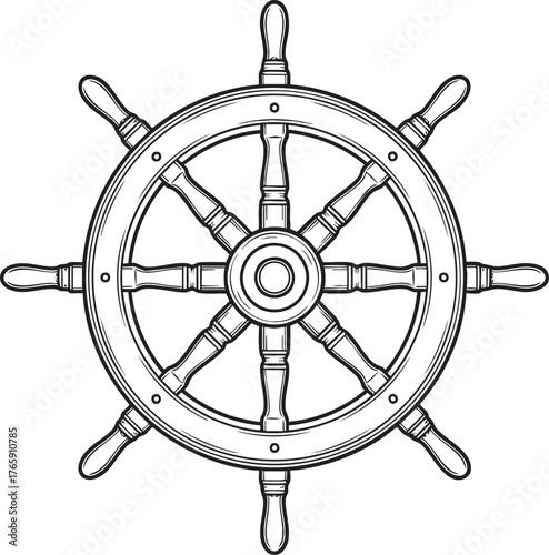 Detailed black and white line art illustration of a classic wooden ships helm with eight spokes and handles.