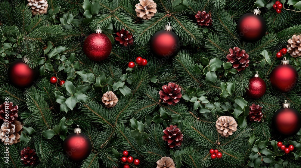 Fototapeta premium Decorative red ornaments and green pine branches create a warm, elegant backdrop perfect for holiday-themed designs and messages