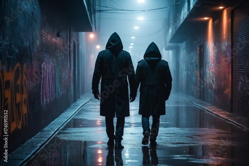 Dunkler Alleyway mit zwei Personen in einer nebligen, urbanen Umgebung