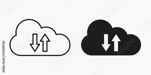 Data cloud sync icon in outline and solid style on gray background. Vector illustration representing cloud storage, data transfer, synchronization, and digital connection technology.