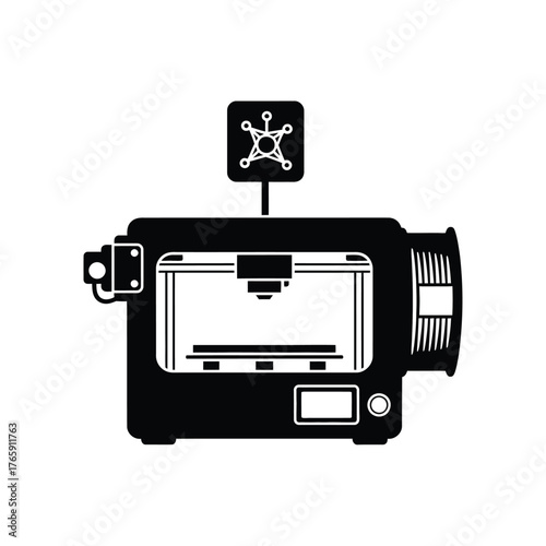 Black 3d printer icon with filament spool and control screen