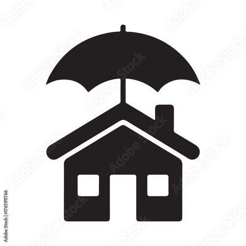 Black silhouette icon of a house protected by an umbrella