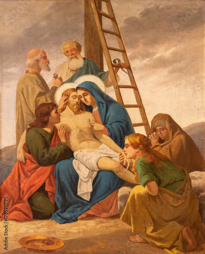 SALERNO, ITALY - OCTOBER 6, 2025: The painting of Deposition as the part of Cross way statinos in the church Chiesa della Santissima Annunziata by unknown artist. 