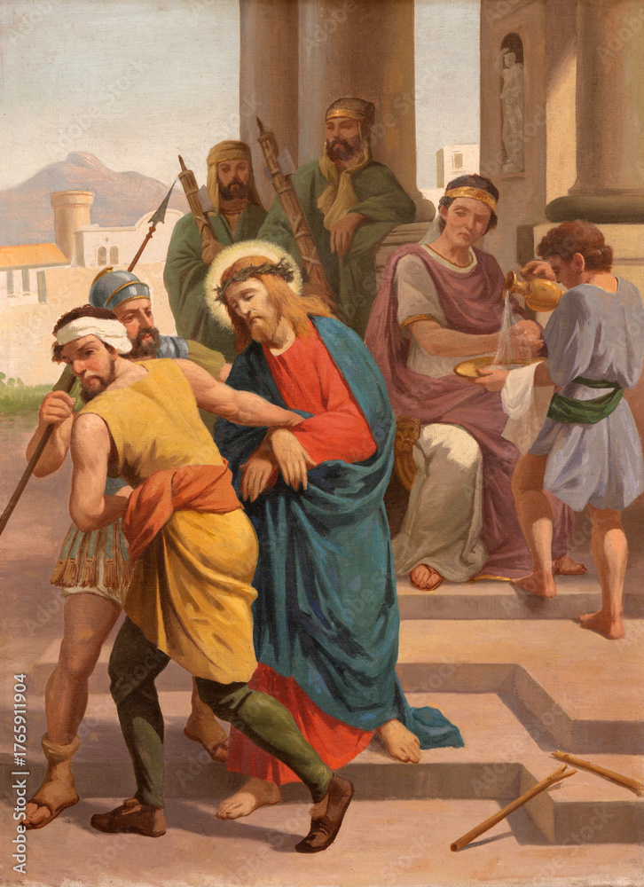 Naklejka premium SALERNO, ITALY - OCTOBER 6, 2025: The painting of Jesus before Pilate as the part of Cross way statinos in the church Chiesa della Santissima Annunziata by unknown artist. 